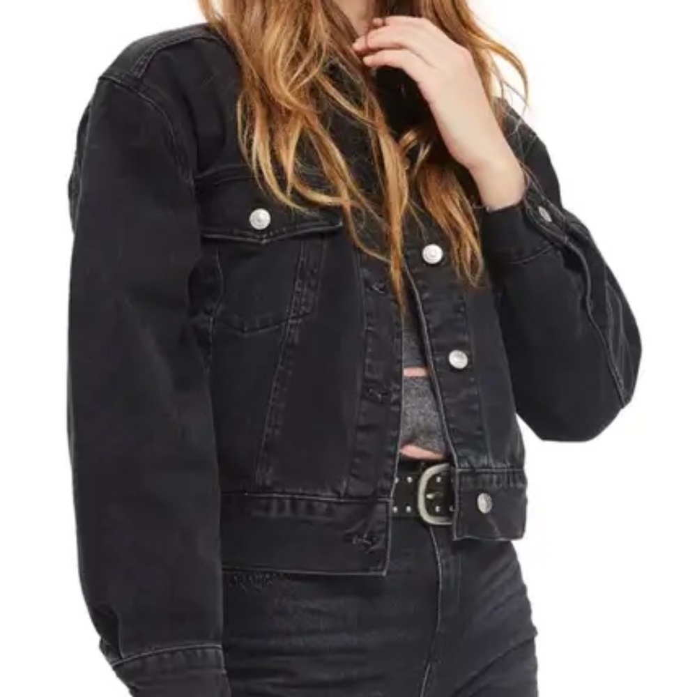 Topshop Oversized Boxy Crop Black Denim Long Sleeve Jacket Size 12